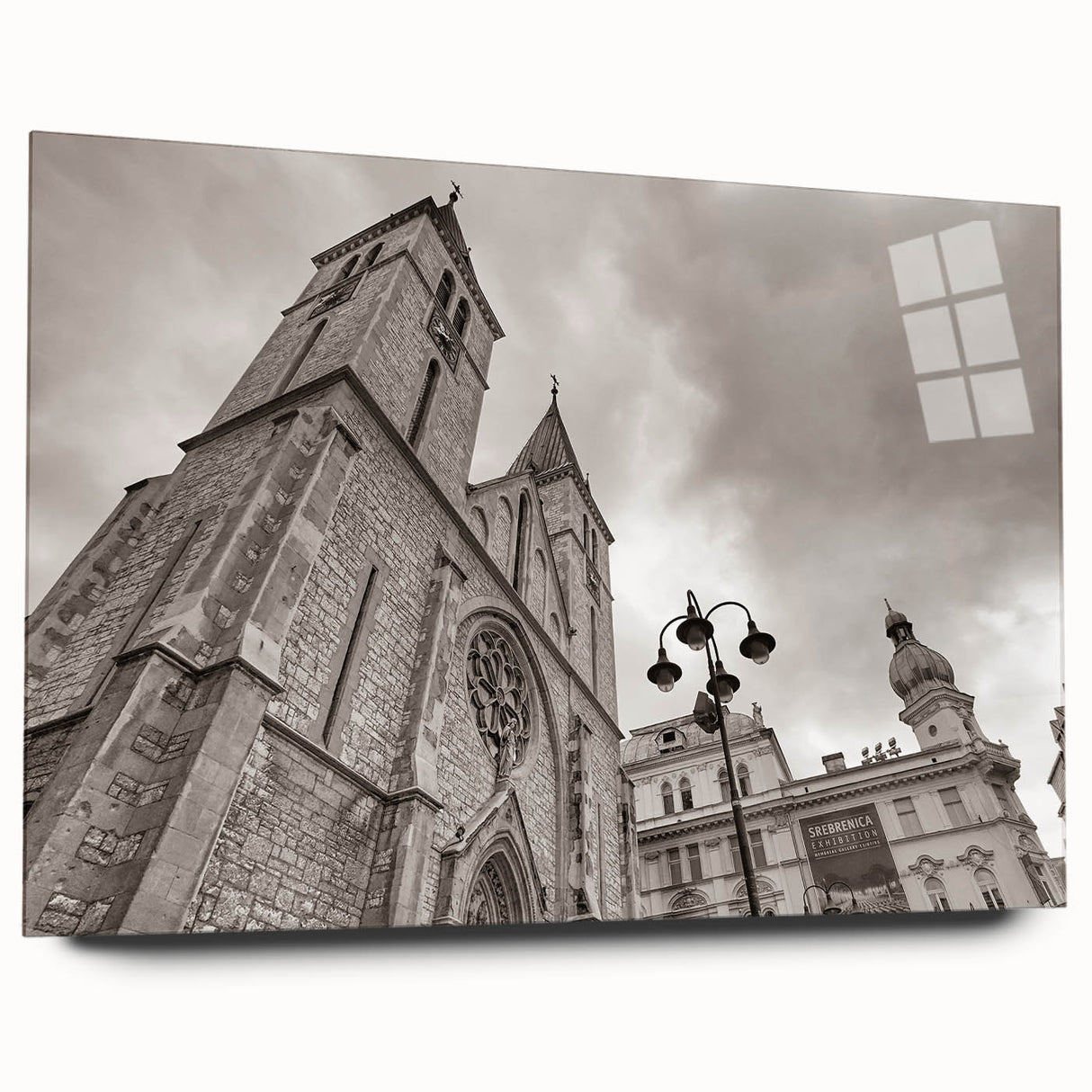 Acrylic print of a large abstract mosque design in soft blue and white tones, ideal for bedroom or dining room art.