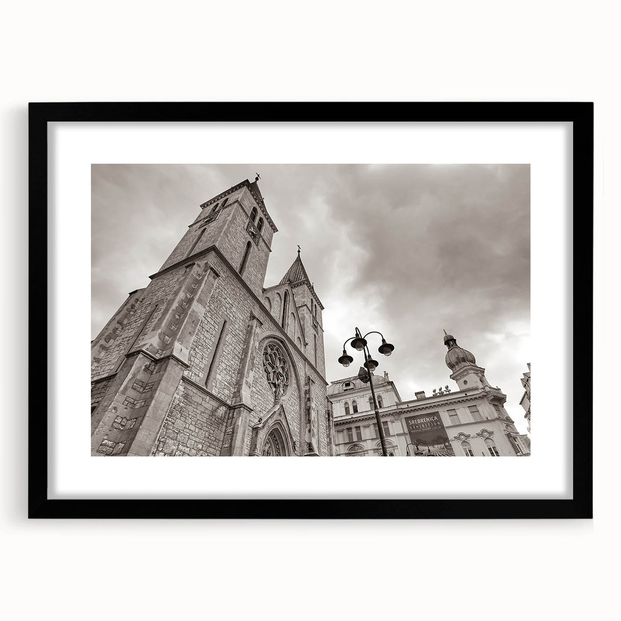 Extra large abstract art print of a colorful, textured mosque design on a black framed canvas, ideal for living room decor.