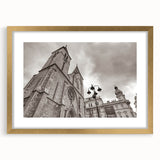 Textured abstract art print of a mosque in muted gold and beige tones, framed with a mat, ideal for bedroom art.