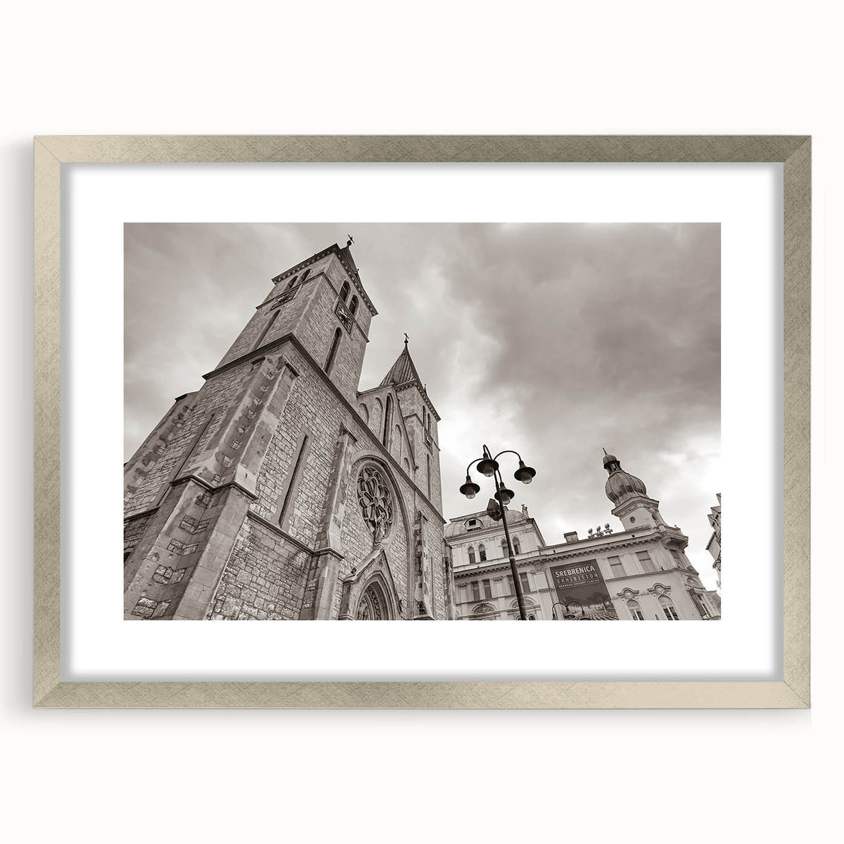 Abstract art print of a mosque in silver tones on a framed canvas, suitable for dining room decor.