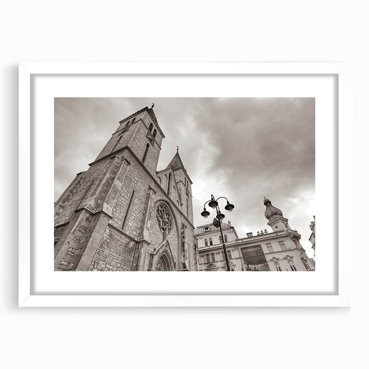 Extra large abstract art print of a textured mosque design in muted earth tones on a white framed canvas.