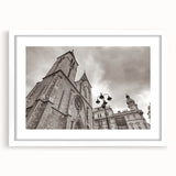 Extra large abstract art print of a textured mosque design in muted earth tones on a white framed canvas.
