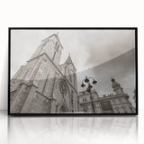Large abstract wall art depicting a mosque design in muted gray and blue tones on a framed acrylic.