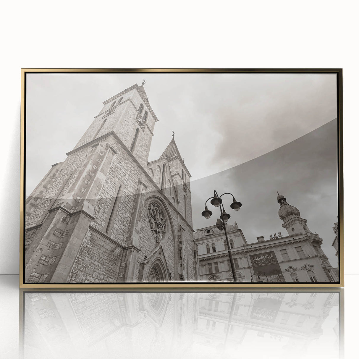 Mid-century modernist art of a mosque in gold and white tones on a framed acrylic, suitable for nursery wall decor.