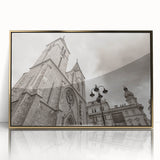 Mid-century modernist art of a mosque in gold and white tones on a framed acrylic, suitable for nursery wall decor.