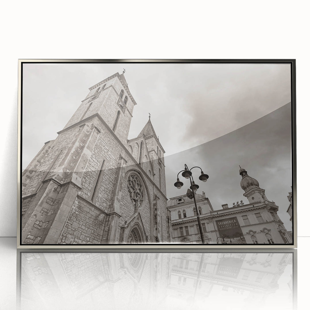 Art deco style mosque illustration in silver acrylic frame, featuring soft gray and blue tones.