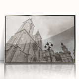 Art deco style mosque illustration in silver acrylic frame, featuring soft gray and blue tones.