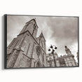 Black and white framed canvas of a mosque landscape, ideal for bedroom wall art in a vintage poster style.