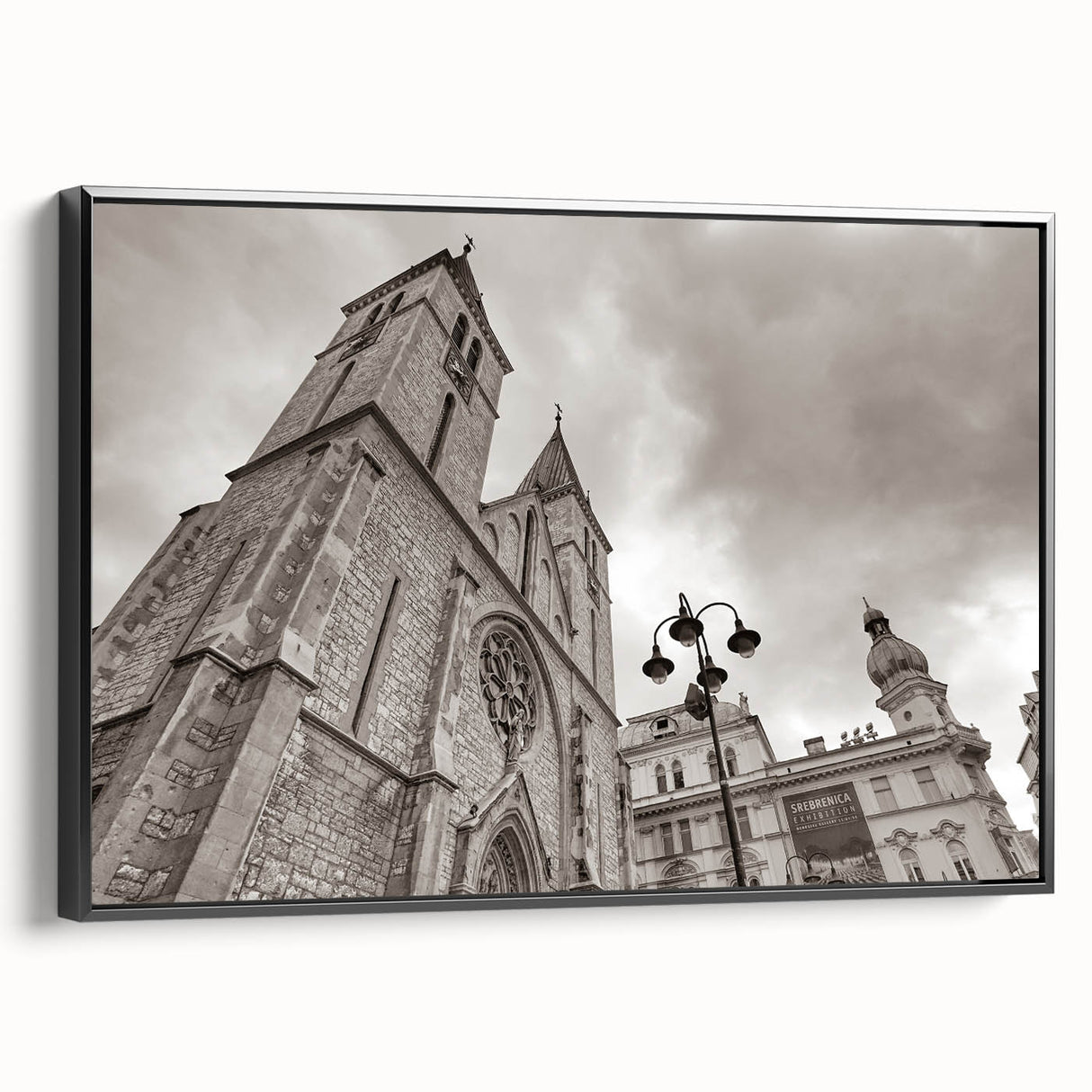 Black and white framed canvas of a mosque landscape, ideal for bedroom wall art in a vintage poster style.