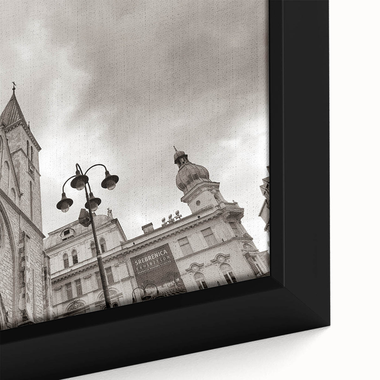 Extra large framed canvas featuring a textured, colorful mosque design on a black background, ideal for living room decor.