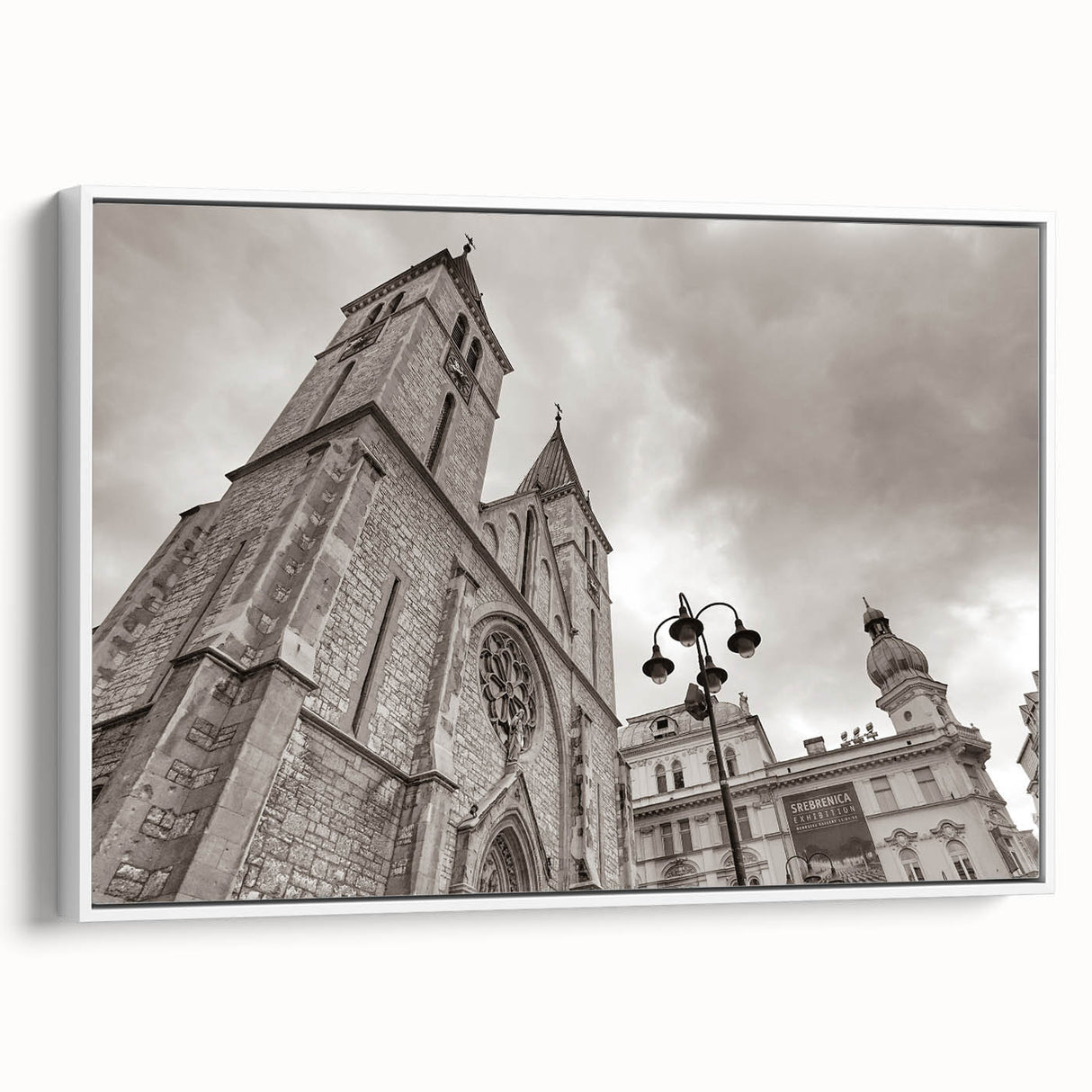 Framed canvas featuring a vintage-style black and white landscape painting of a mosque, ideal for bedroom wall art.