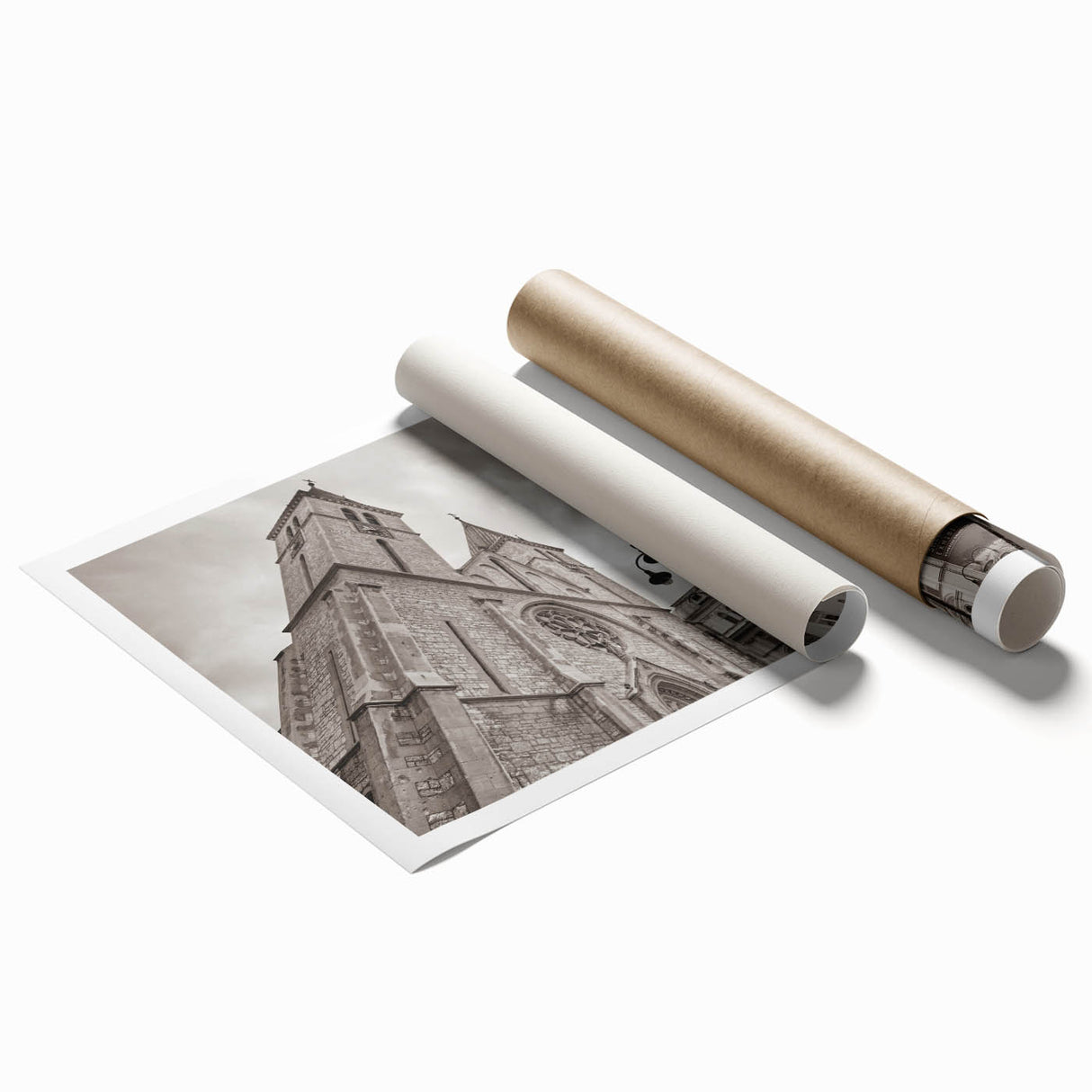 Extra large rolled print of a mosque with intricate floral designs in muted earth tones.