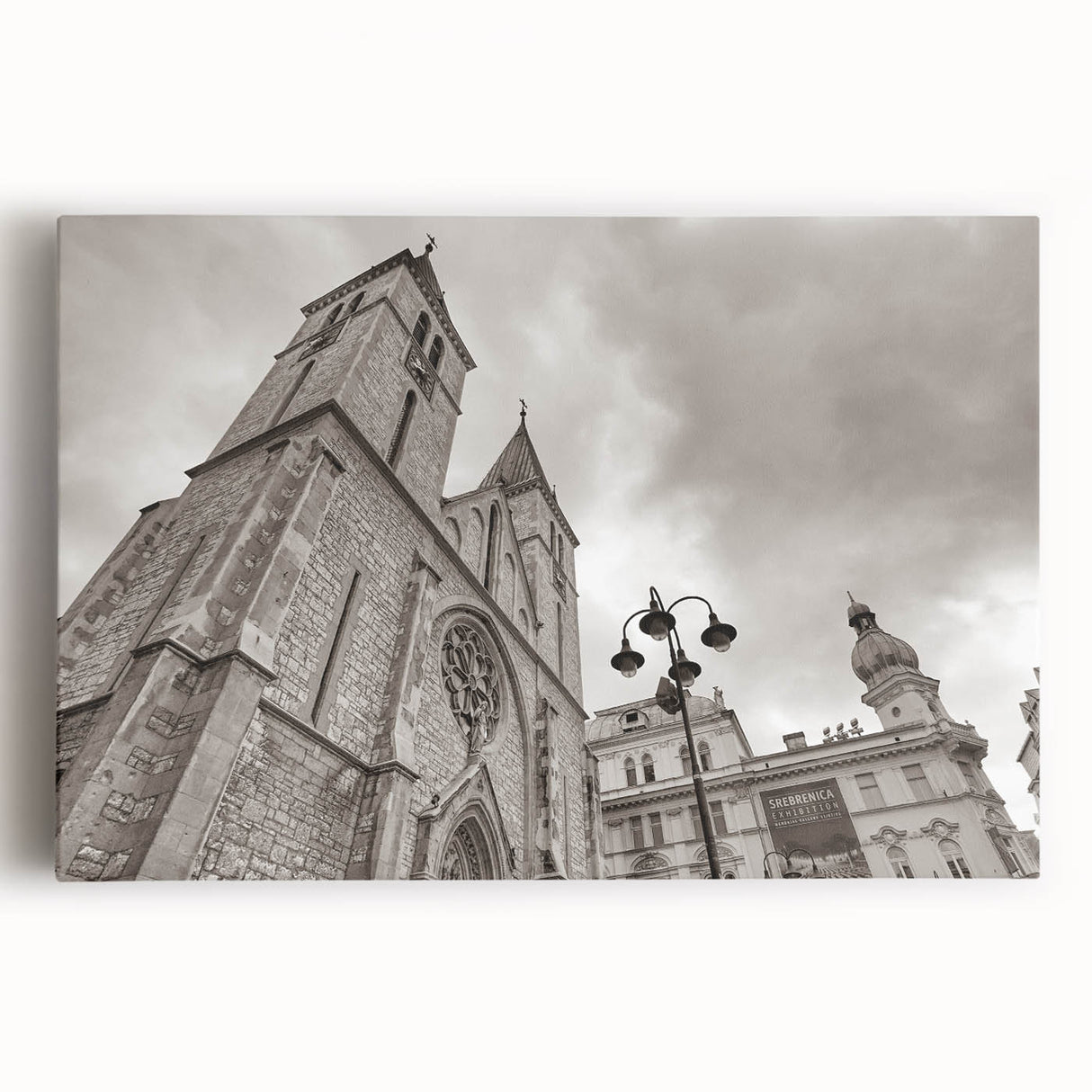 Black and white print of a mosque design on large stretched canvas, suited for kitchen wall art.