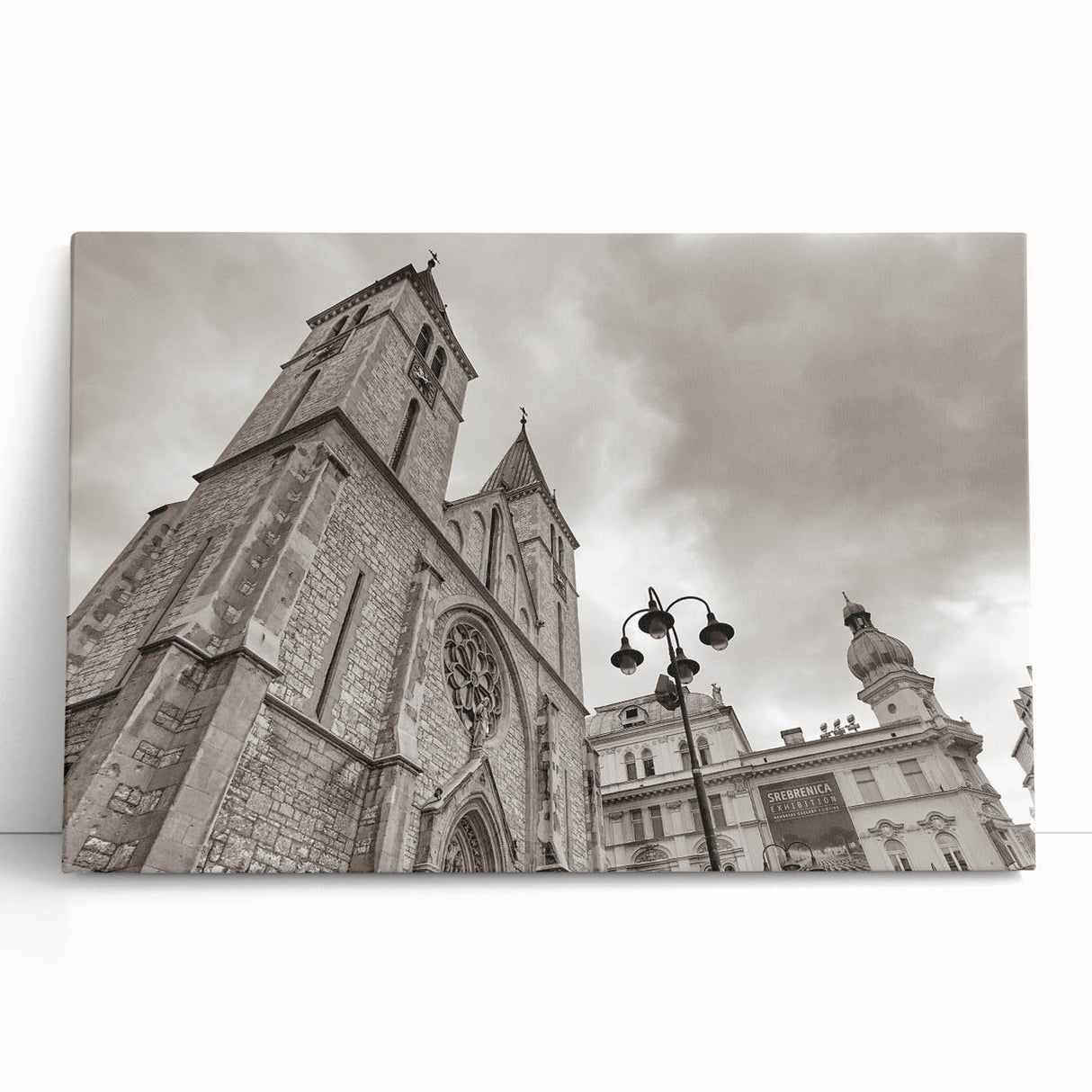 Black and white mosque design on stretched canvas, ideal for kitchen wall art or bedroom ambiance.