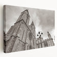 Side view of a large stretched canvas featuring a detailed mosque design in earthy tones, suitable for kitchen wall art.