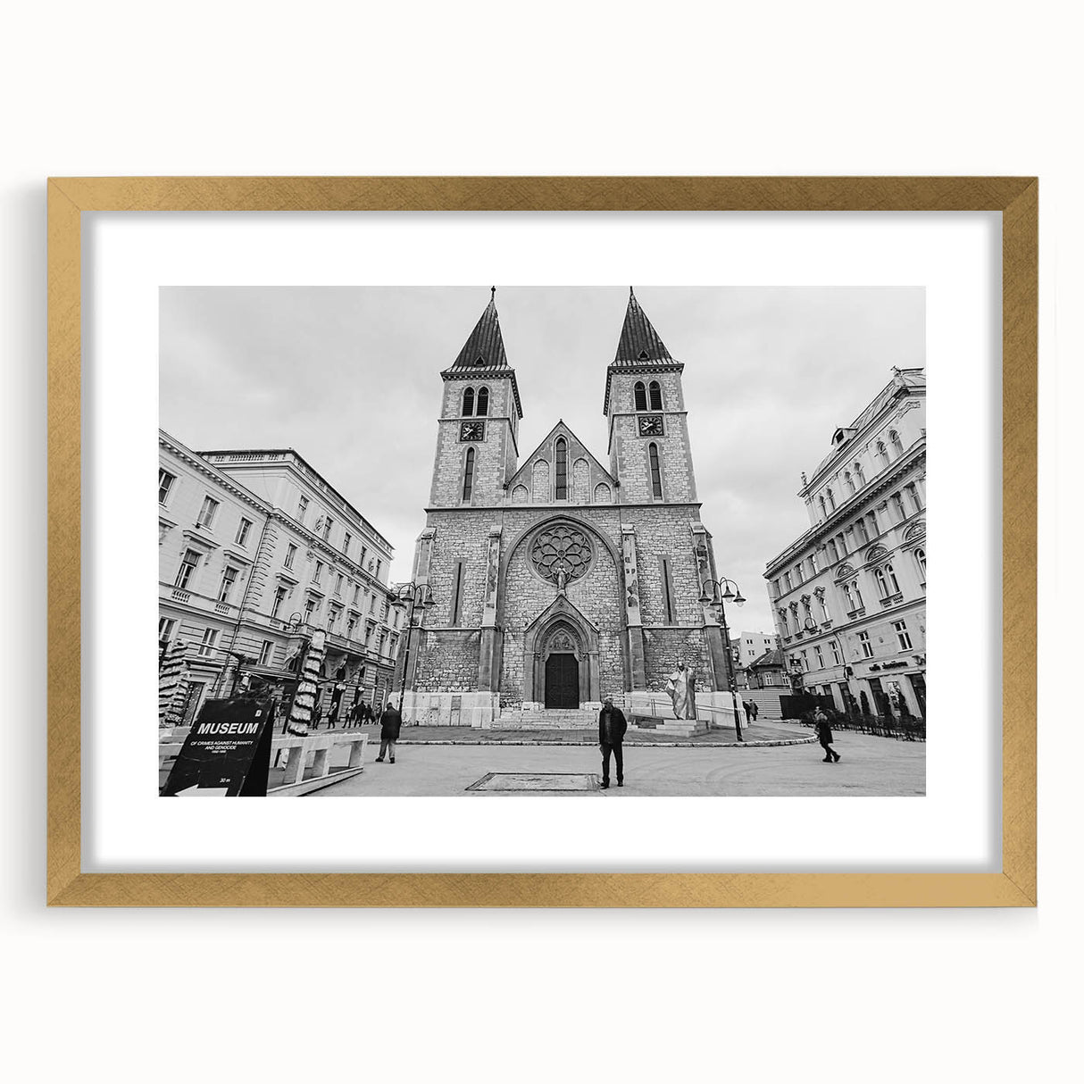 Textured abstract art print of a mosque in gold and beige tones on a framed canvas, suitable for bedroom decor.
