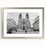 Abstract art print of a mosque in muted gray and blue tones, framed with a silver mat, suitable for dining room decor.