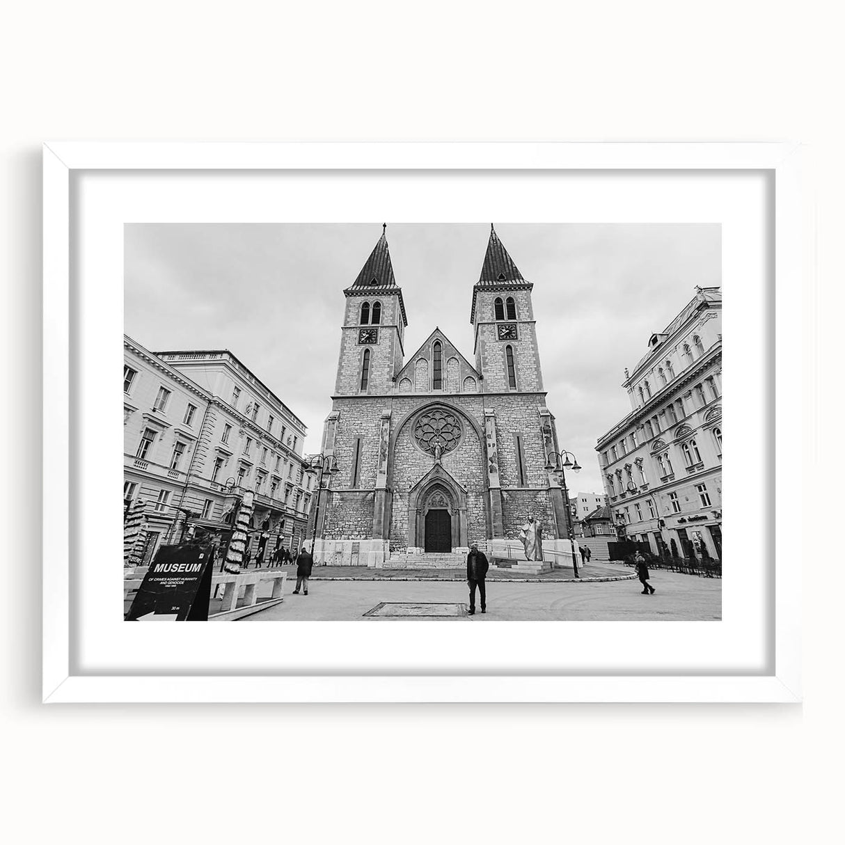 Extra large abstract art print of a mosque in textured grays and blues on a white-framed canvas, ideal for living room decor.