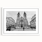 Extra large abstract art print of a mosque in textured grays and blues on a white-framed canvas, ideal for living room decor.
