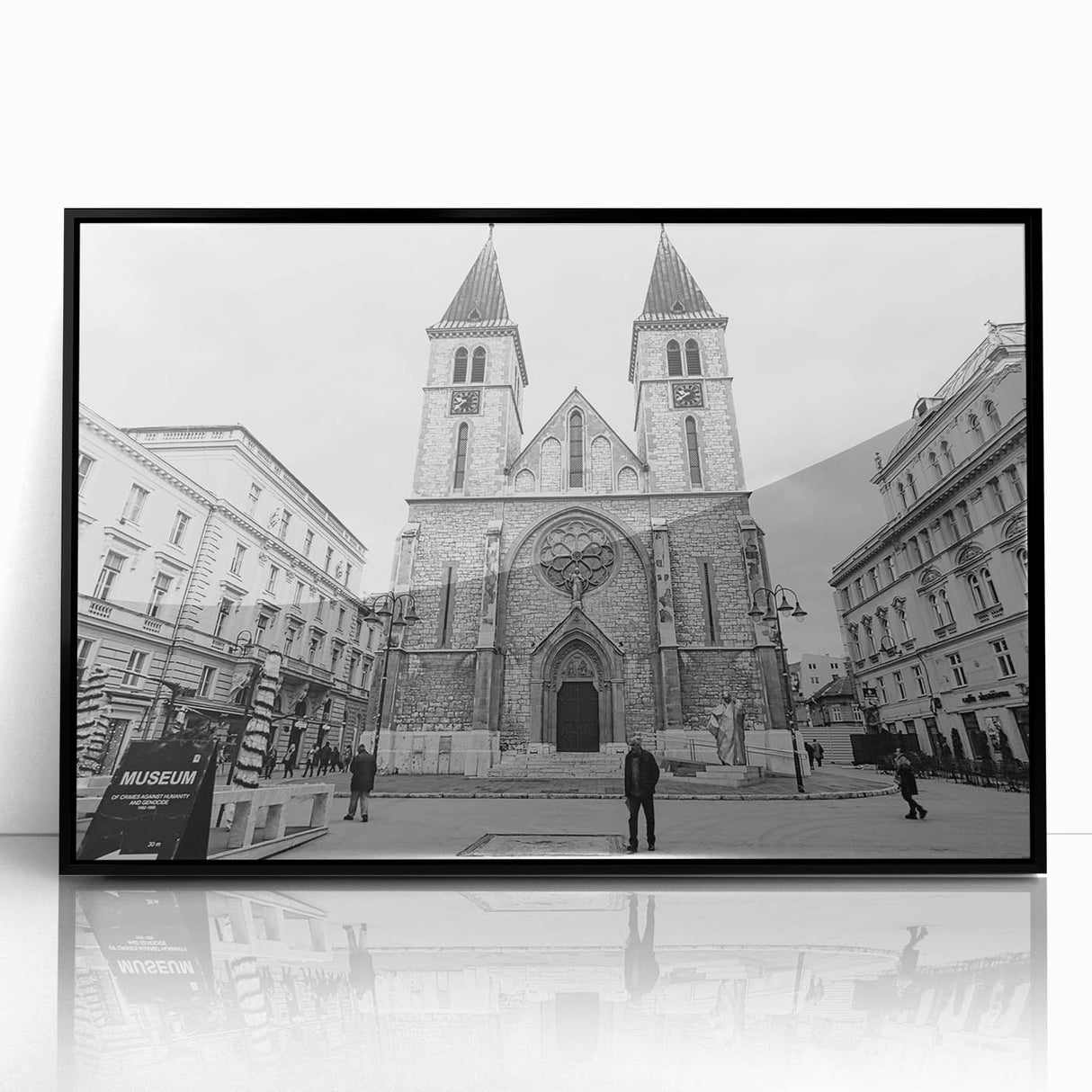Large abstract wall art depicting a mosque in black and white tones on a framed acrylic, suitable for modern art wall decor.