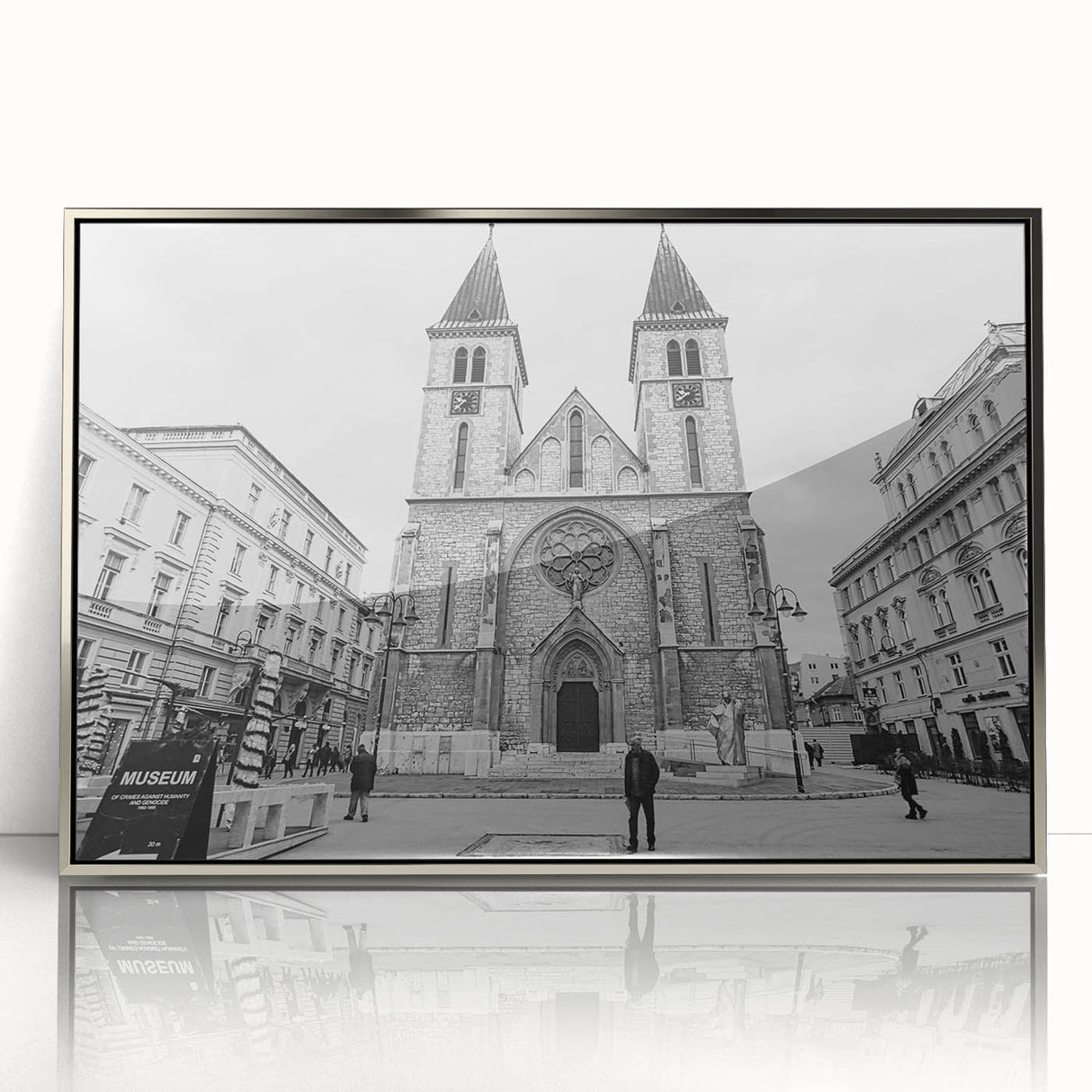 Art deco poster of a mosque in silver and gray tones on framed acrylic, suitable for modern nursery decor.
