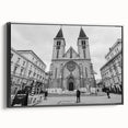 Framed canvas featuring a black and white vintage poster art of a mosque, ideal for bedroom wall decor.