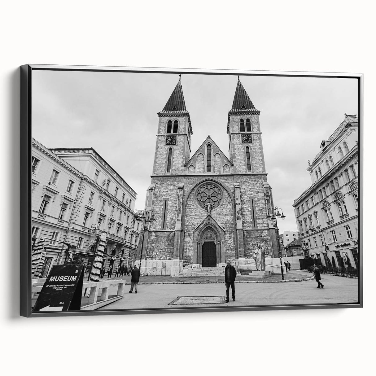 Framed canvas featuring a black and white vintage poster art of a mosque, ideal for bedroom wall decor.