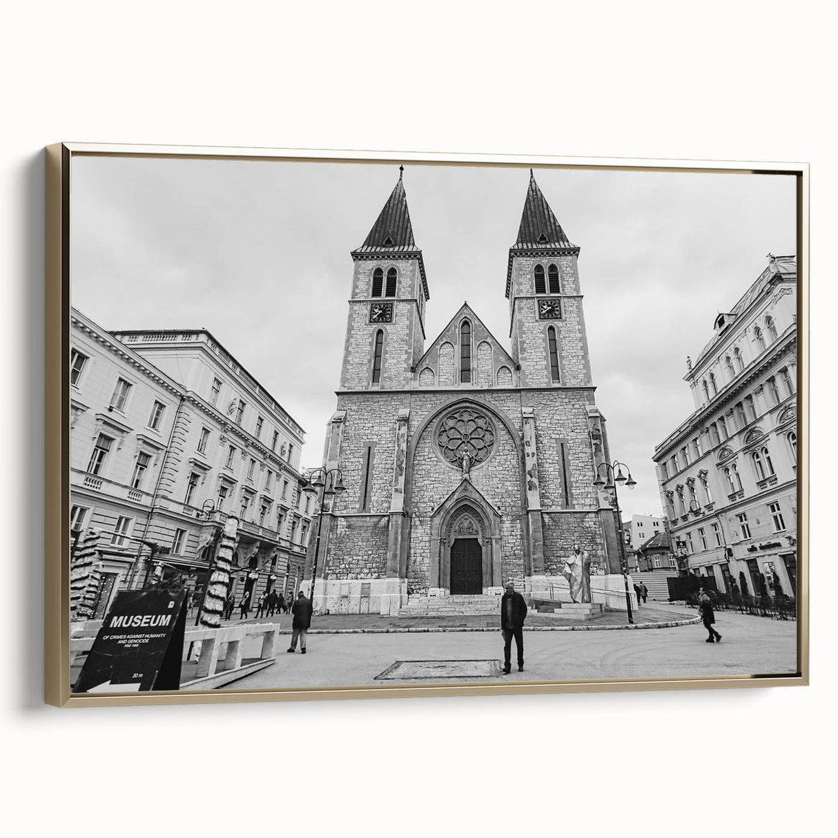 Framed canvas depicting a vintage mosque in a landscape setting, with a palette of gold and black.