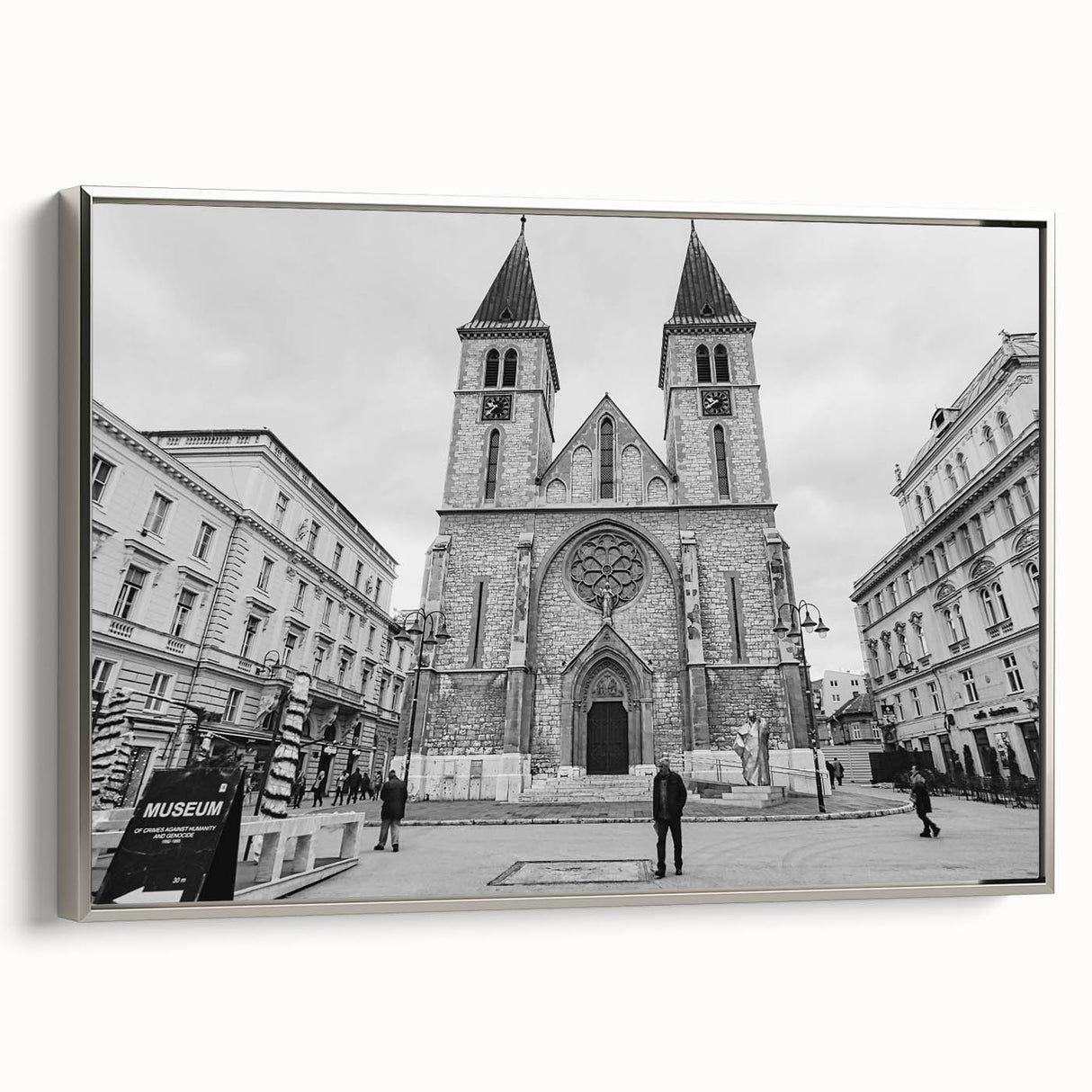 Vintage poster art of a mosque design in colorful tones on a silver-framed canvas, ideal for living room decor.