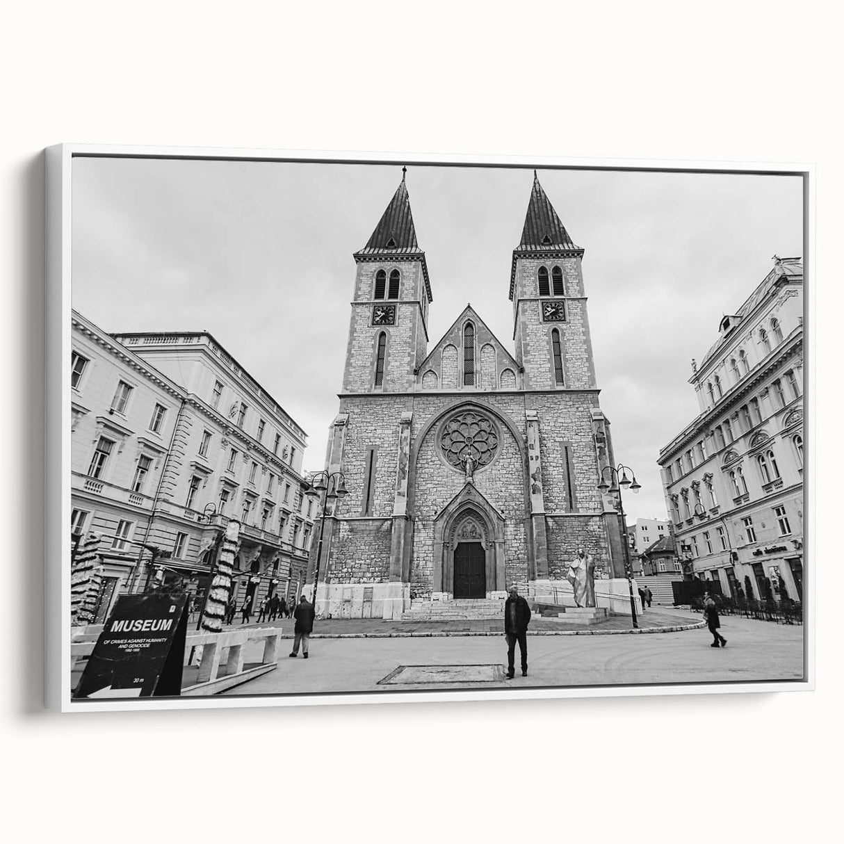 Framed canvas featuring a vintage black and white mosque landscape, ideal for bedroom wall art.