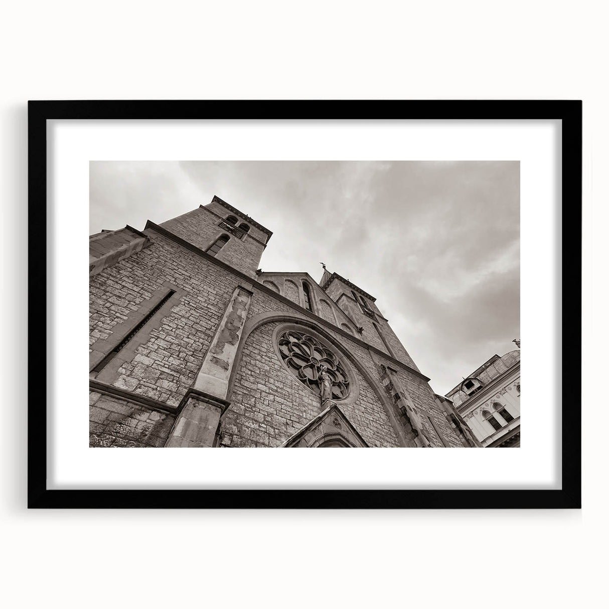 Extra large, colorful abstract art print of a mosque, featuring textured design in vibrant hues on a framed black mat.