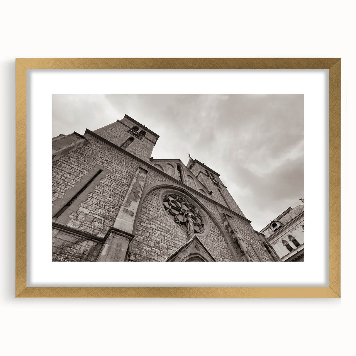 Textured art print of an abstract mosque in gold and cream tones on a framed canvas, suitable for bedroom decor.