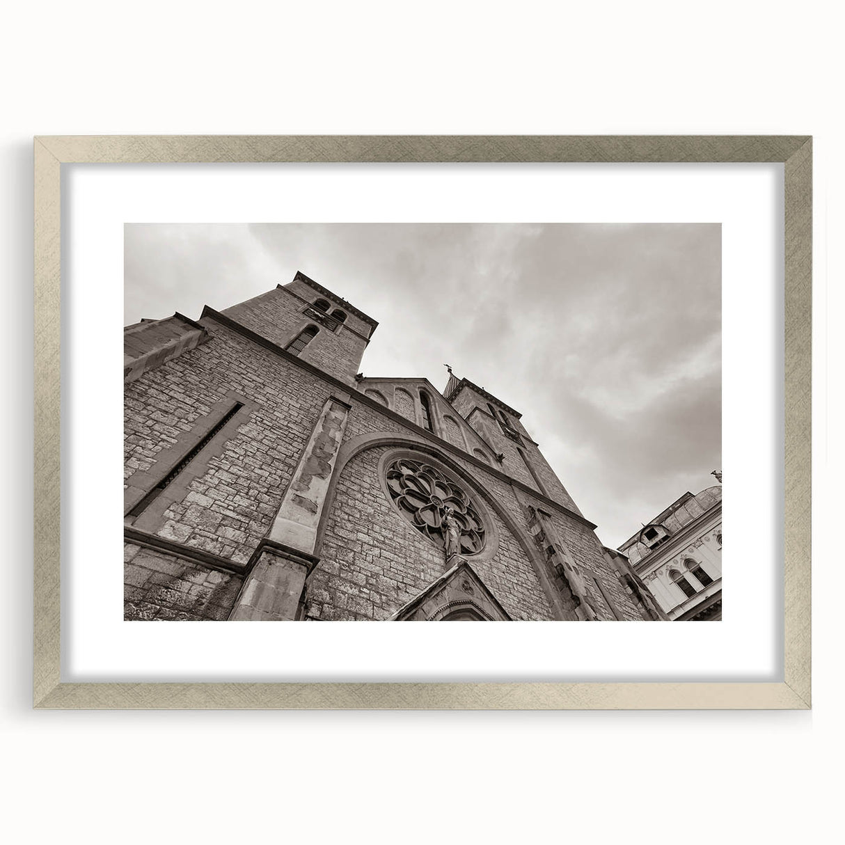 Abstract art print of a mosque in silver and gray tones on a framed poster, ideal for dining room decor.
