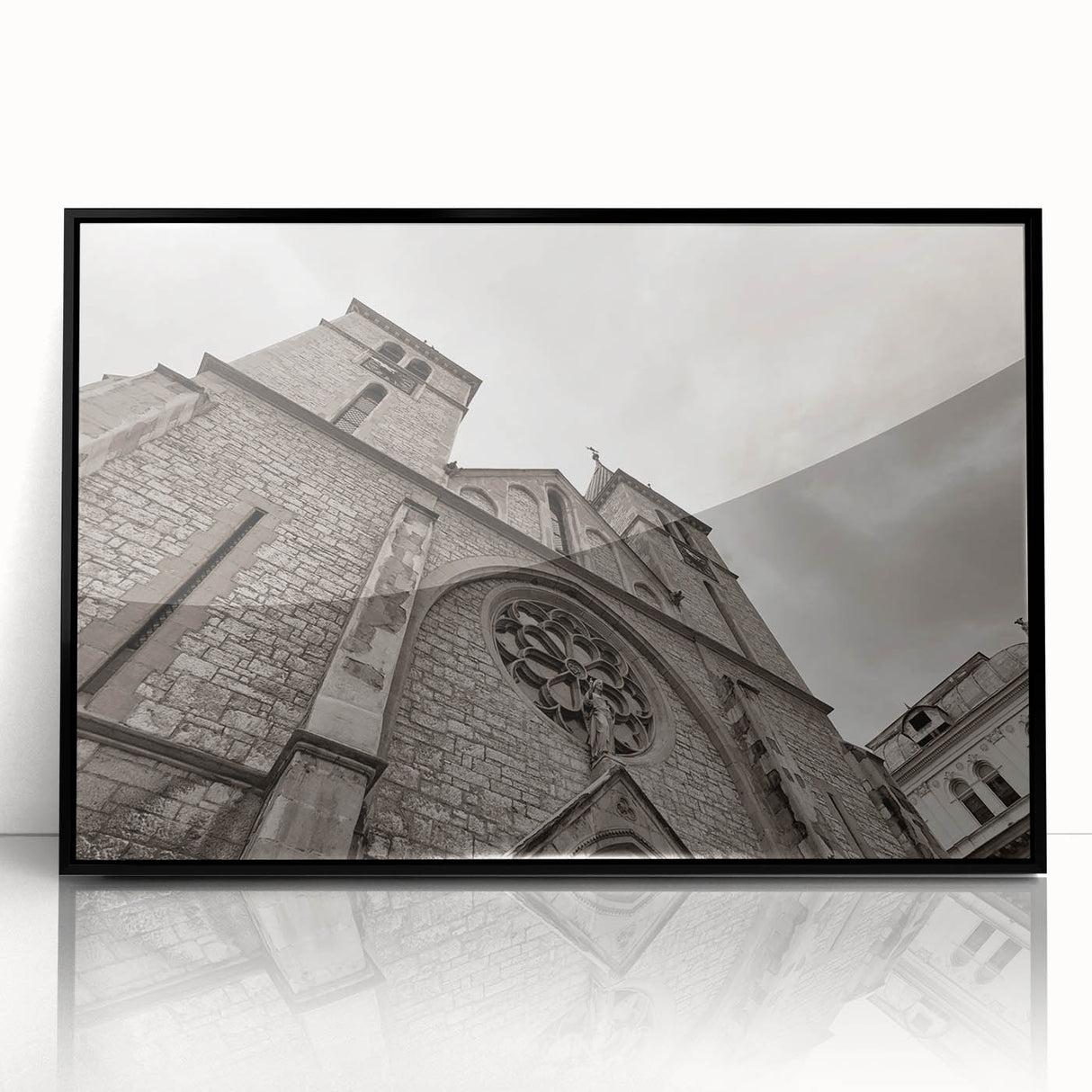 Large abstract wall art featuring a mid-century modernist mosque design in black and white tones on framed acrylic.