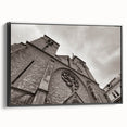 Framed canvas featuring a black and white vintage mosque design, ideal for bedroom wall art.
