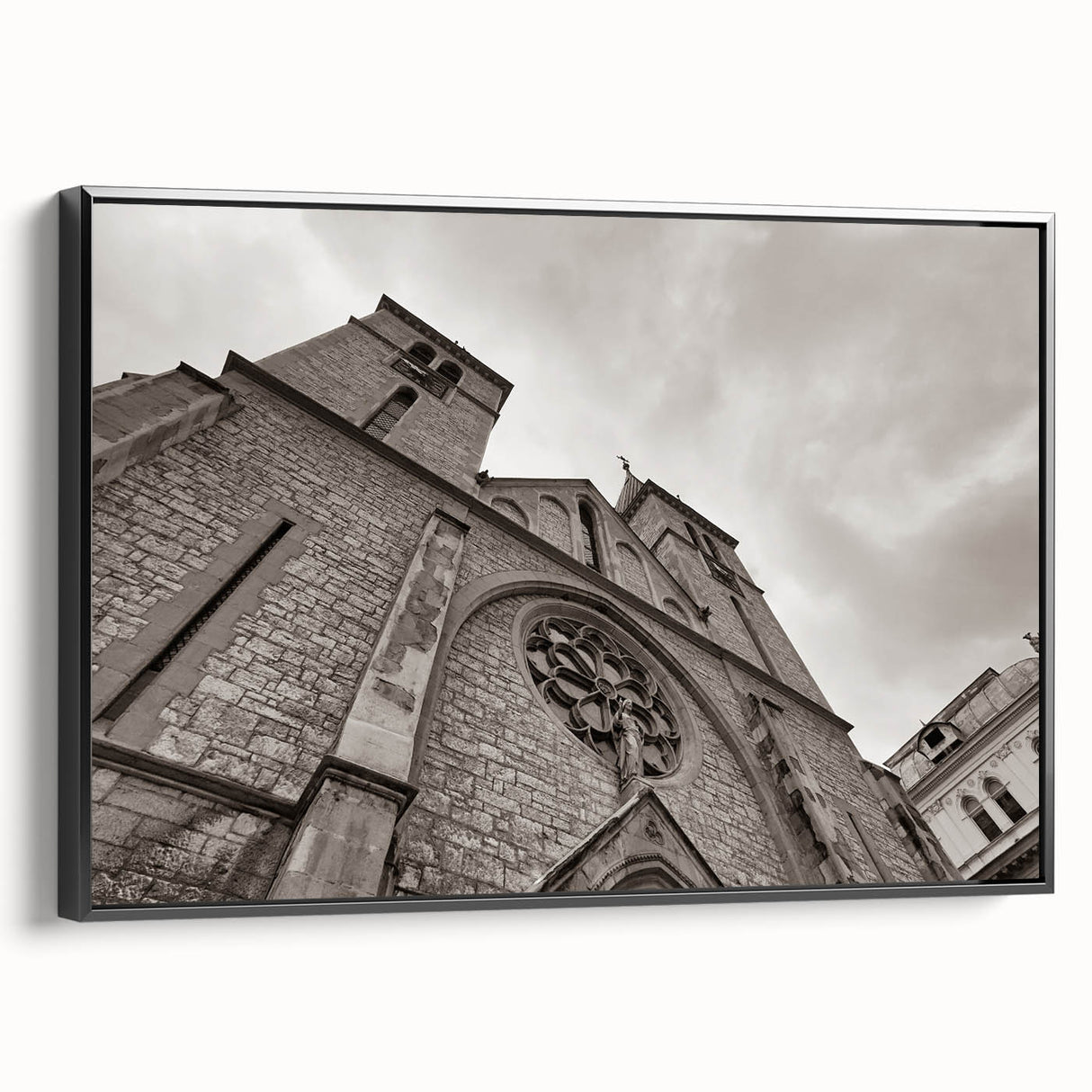 Framed canvas featuring a black and white vintage mosque design, ideal for bedroom wall art.