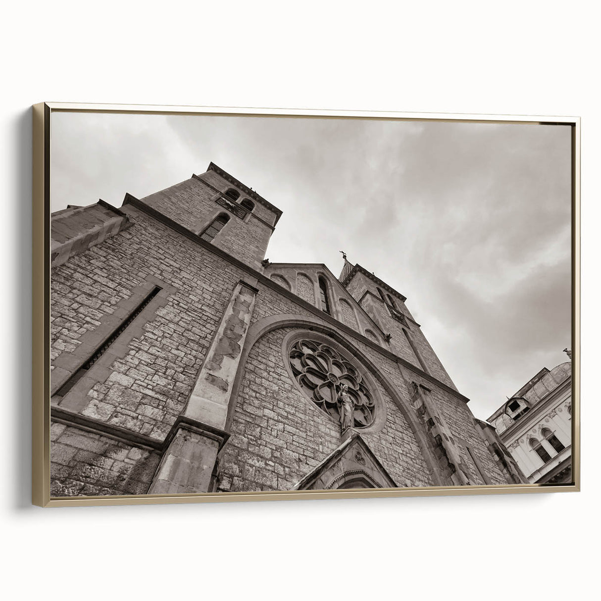 Framed canvas landscape art painting of a mosque with gold, black, and colorful accents in a vintage poster style.