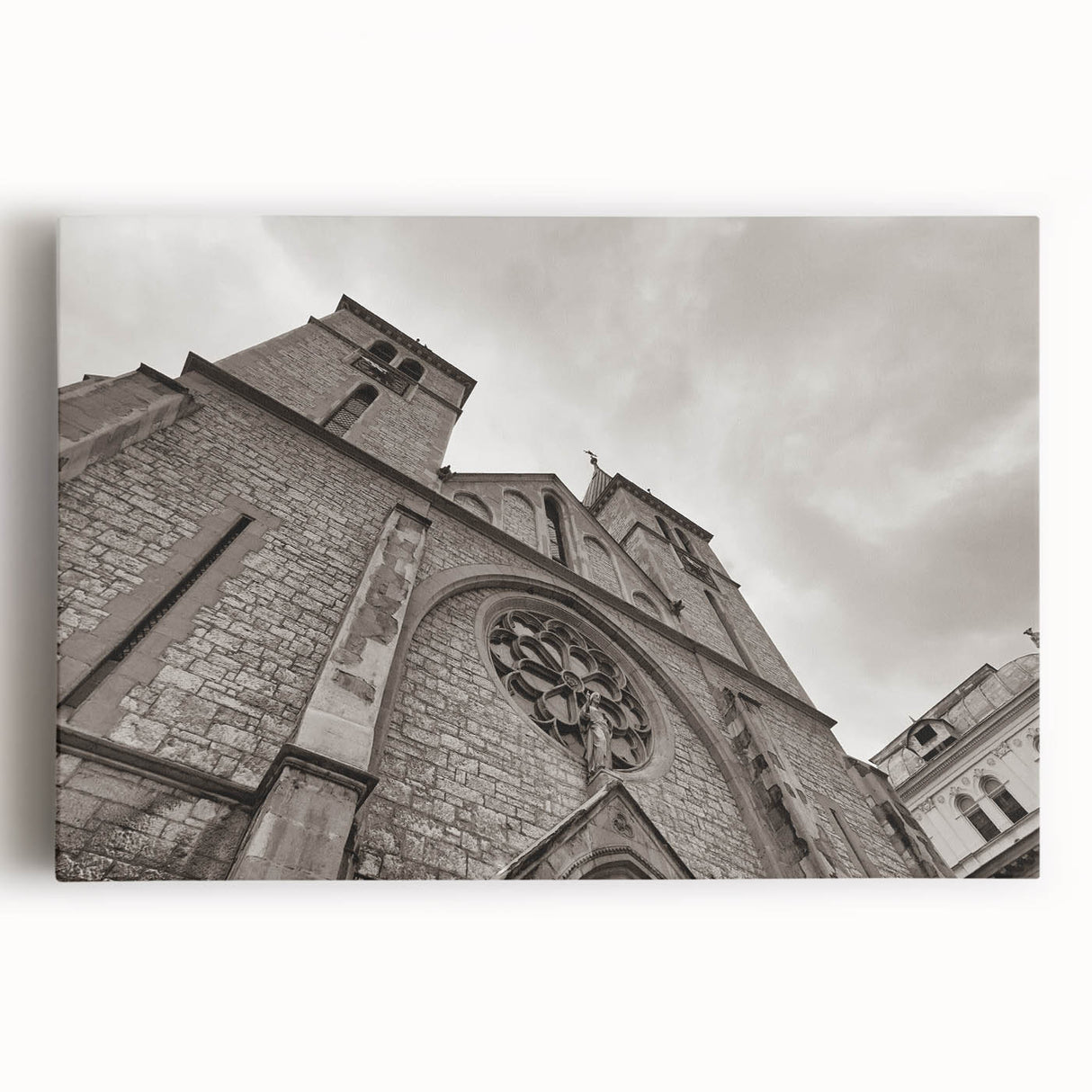 Black and white photograph of a mosque on stretched canvas, suitable for kitchen wall art.