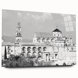Large abstract design of a mosque in muted gold and blue hues on acrylic glass, suitable for bedroom or dining room decor.