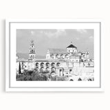 Extra large abstract art print of a mosque in textured style, muted earth tones, framed with white mat.