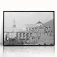 Large abstract wall art depicting a mosque in muted earth tones on a framed acrylic, suitable for modern living room decor.