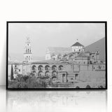 Large abstract wall art depicting a mosque in muted earth tones on a framed acrylic, suitable for modern living room decor.