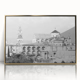 Mid-century modernist mosque design in gold and blue tones on a framed acrylic, ideal for nursery wall art or modern decor.