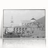 Mid-century modernist mosque design in muted colors on a white framed acrylic, suitable for modern art wall decor.