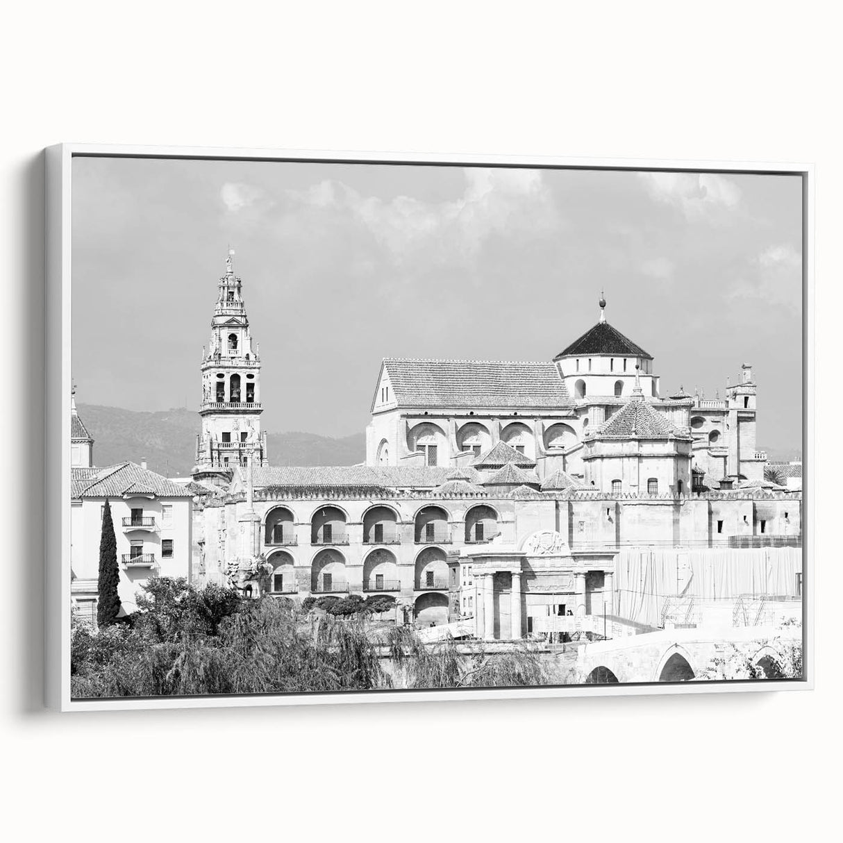 Framed canvas of a vintage-style mosque landscape in black and white, ideal for bedroom wall art.