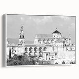 Framed canvas of a vintage-style mosque landscape in black and white, ideal for bedroom wall art.