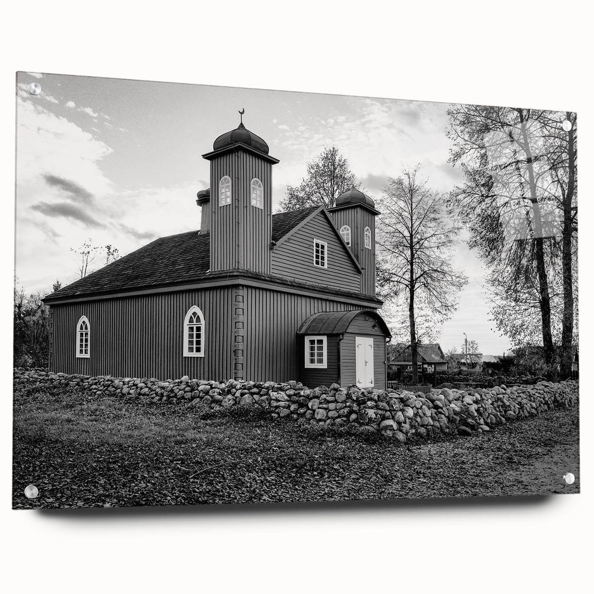 Acrylic print of a large abstract mosque design in neutral tones, ideal for bedroom or dining room decor.