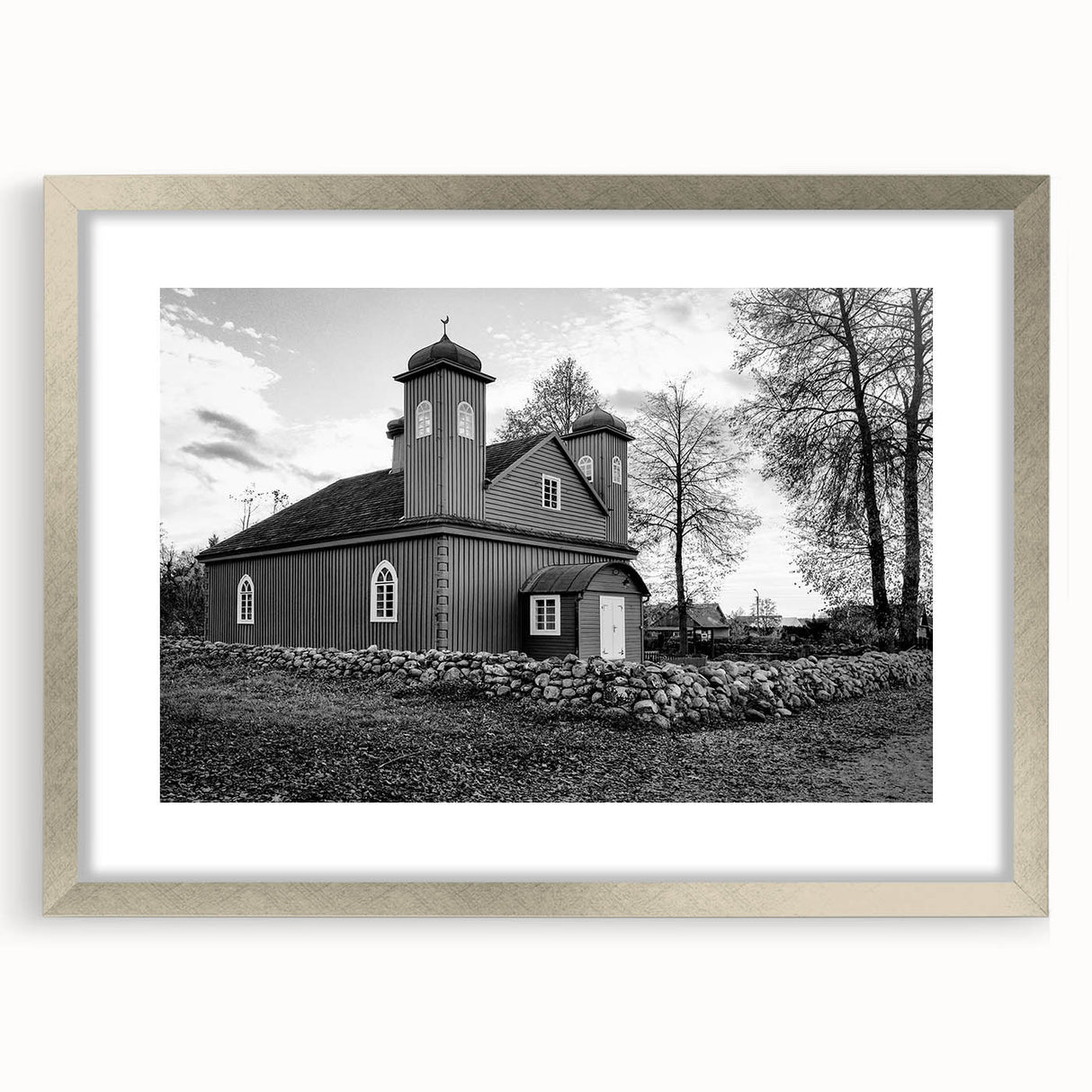 Abstract art print of a mosque in silver hues on a framed poster, suitable for dining room or bedroom decor.