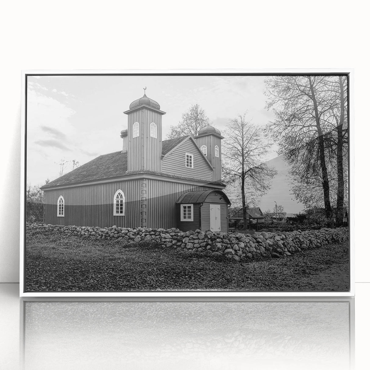 Acrylic print of a mid-century modernist mosque in muted gray and blue tones, ideal for modern art wall decor.
