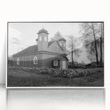 Acrylic print of a mid-century modernist mosque in muted gray and blue tones, ideal for modern art wall decor.